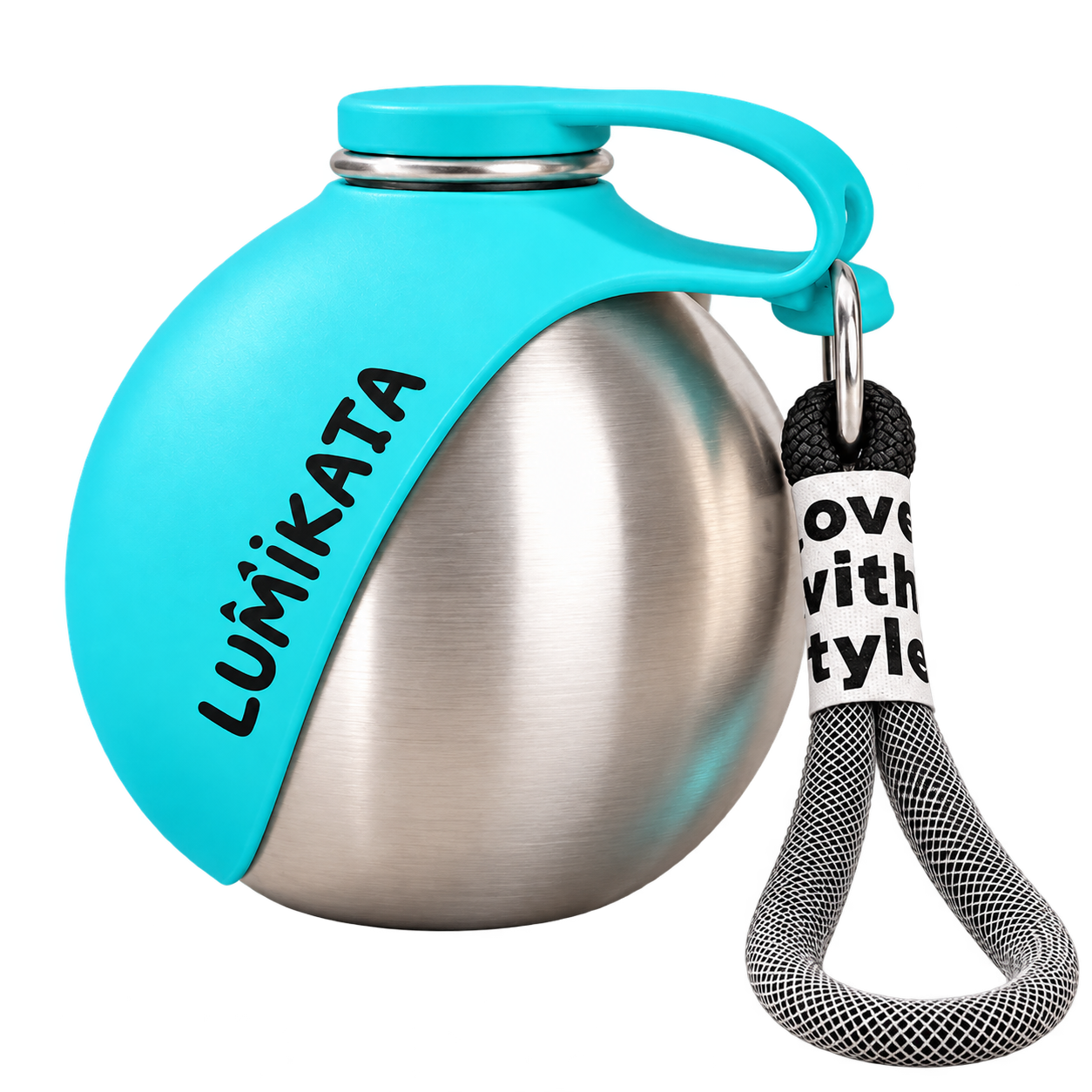 Lumikata bottle with a turquoise folding bowl and wrist strap