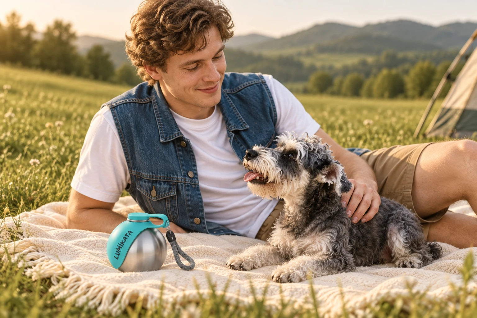 A dog and their person relax on a picnic blanket with the bottle nearby