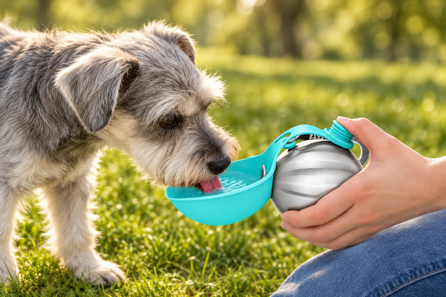 Small dog drinking from the unfolded bowl of a Lumikata bottle