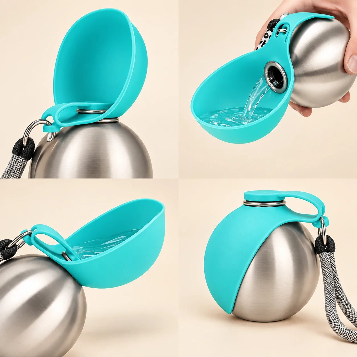 Illustrated steps for opening, filling, and closing the folding water bowl