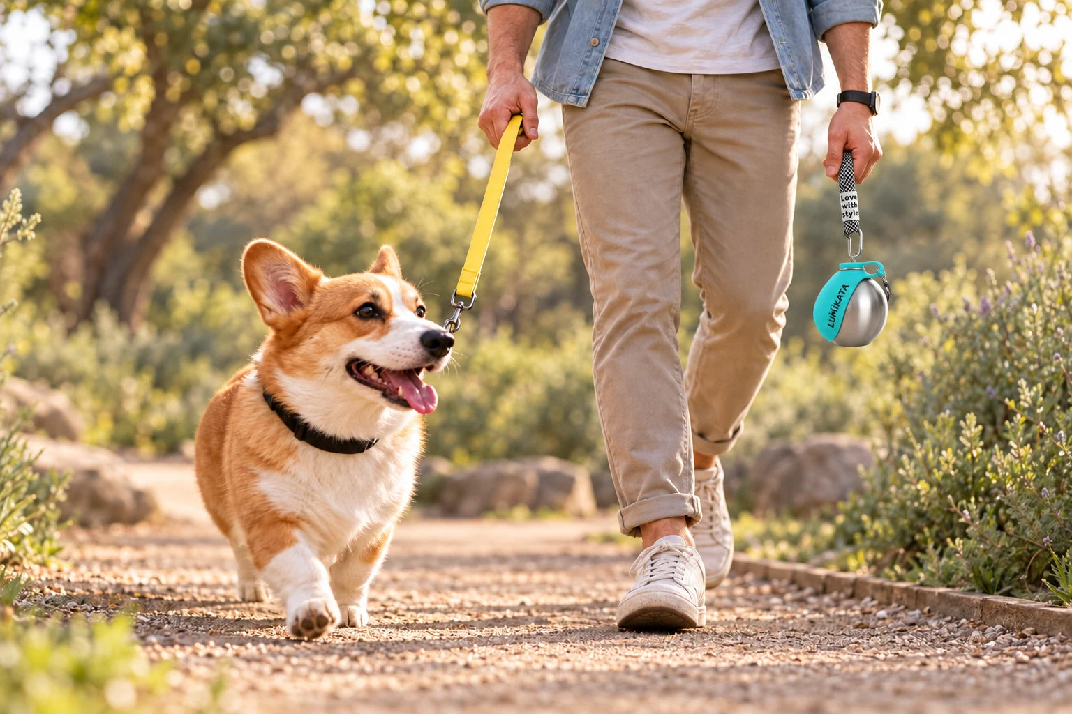 An outdoor walk with a corgi and the portable water bottle